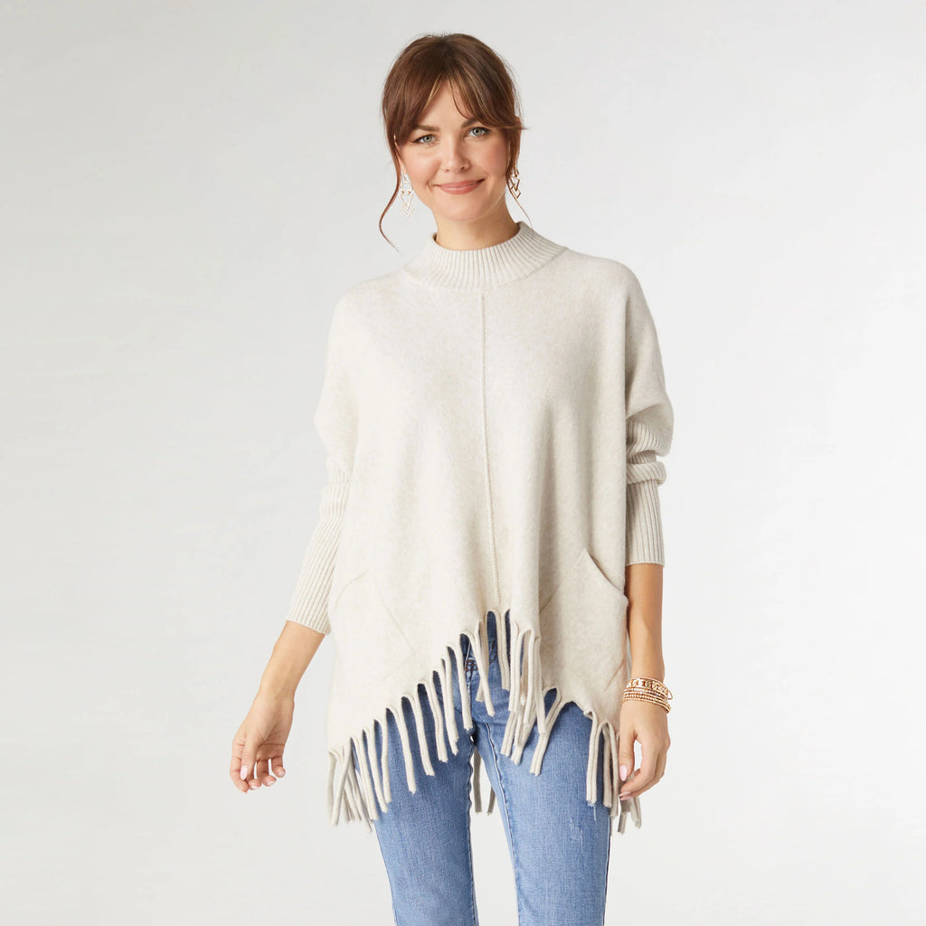 Heavenly-Luxe Flowy Mock Neck Fringe Sweater