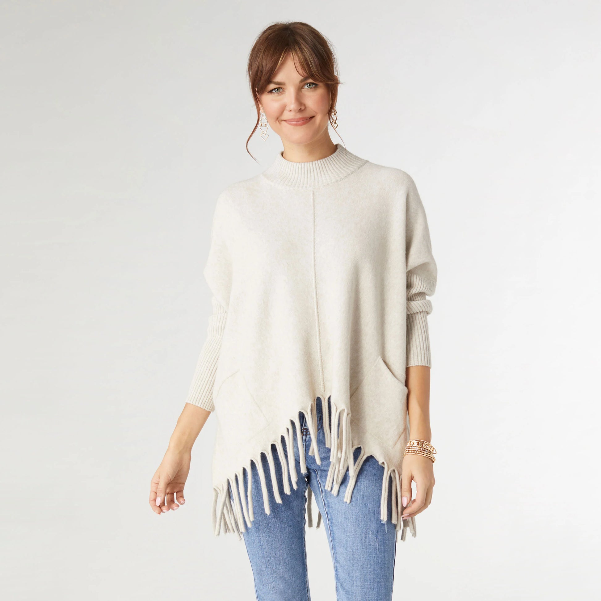 Heavenly-Luxe Flowy Mock Neck Fringe Sweater