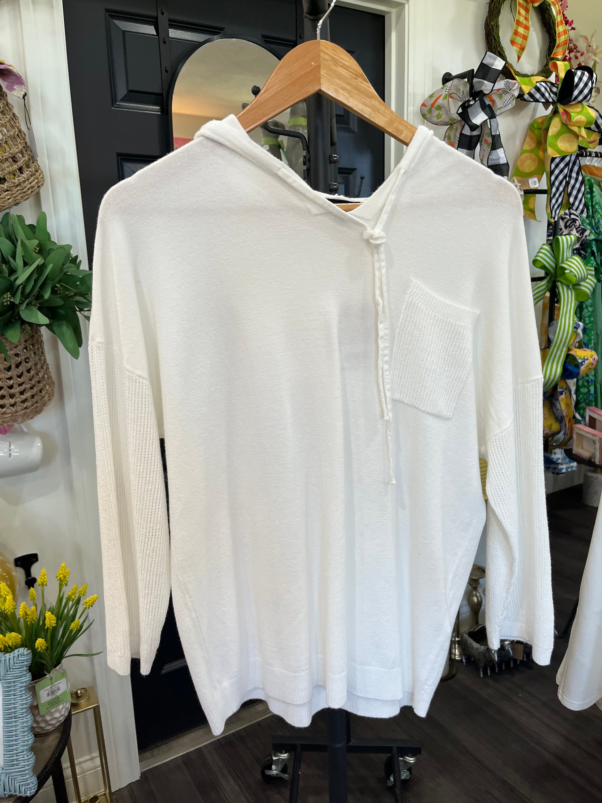 Lightweight Heavenly-Luxe 3/4 sleeve Hooded Sweater with Textured Sleeve