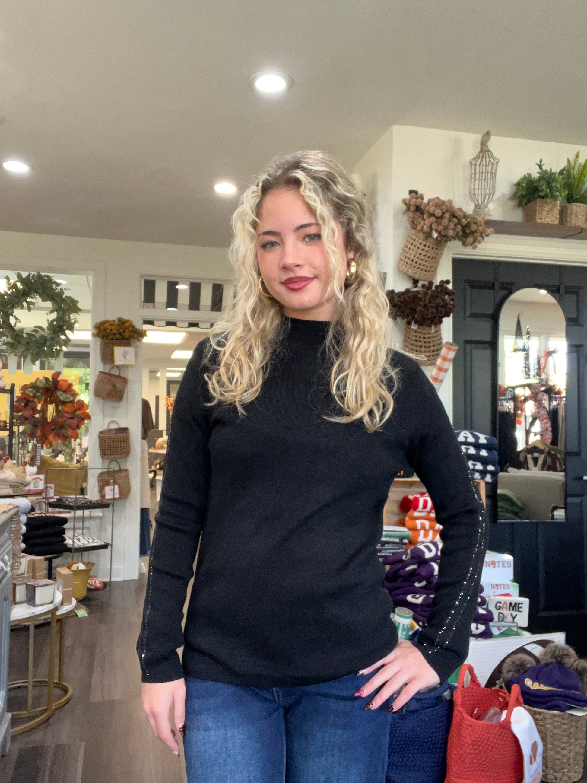 Ataya Sweater with Stripe Sparkle-Sleeve- Black