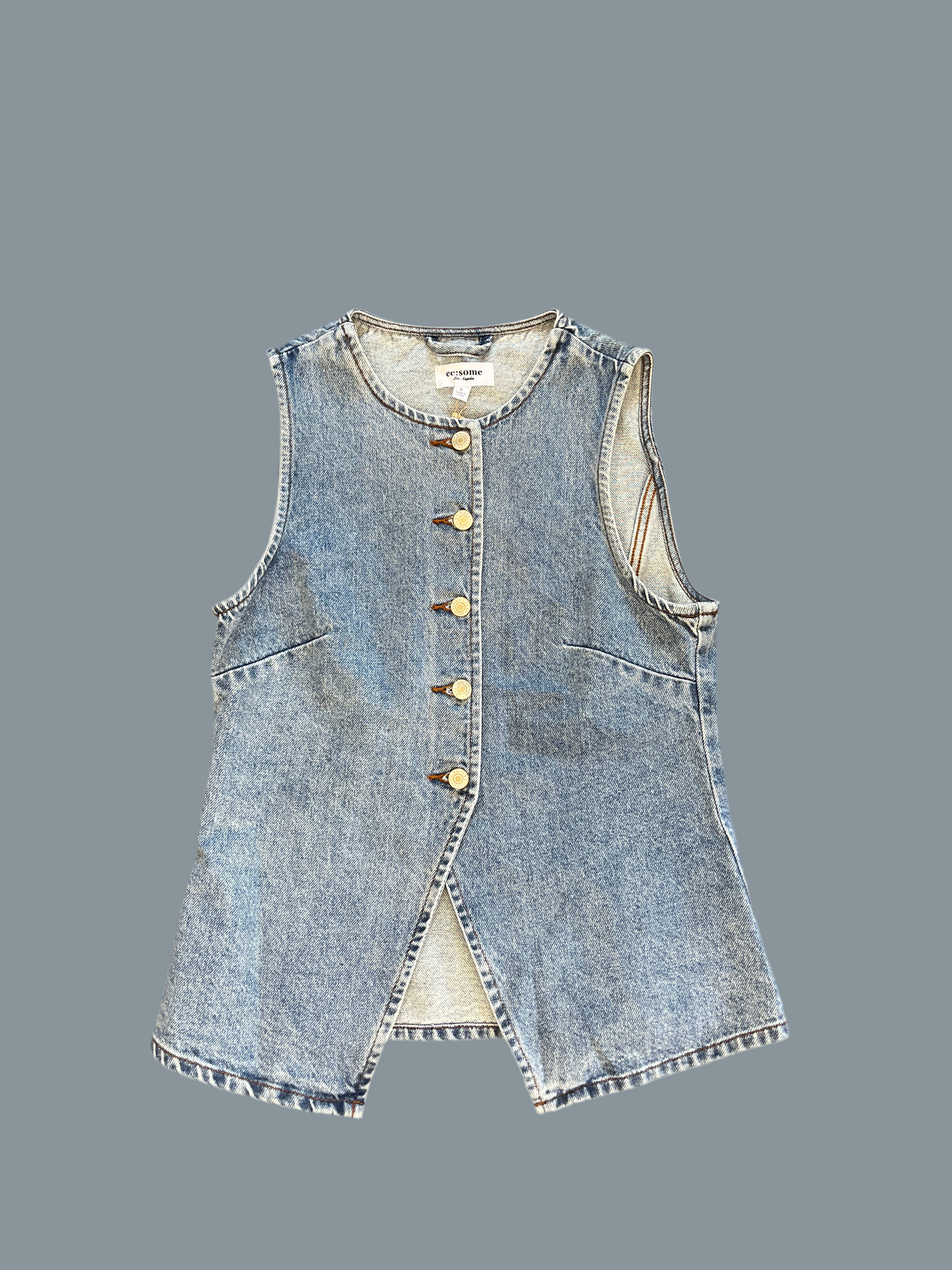 Button Down Slit Front Denim Vest