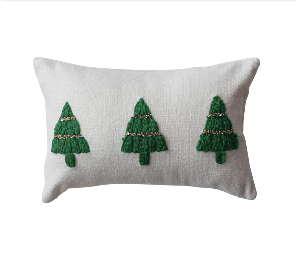 Cotton Slub Lumber Pillow w/ Embroidered Christmas Trees
