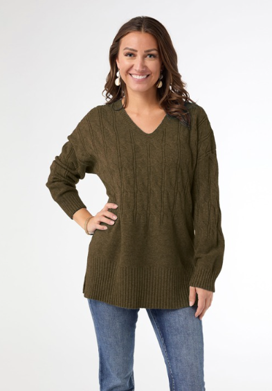 Heavenly Luxe V Neck Cable Sweater with Rib Bottom