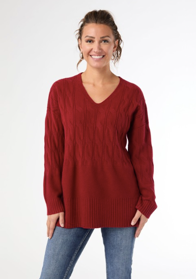 Heavenly Luxe V Neck Cable Sweater with Rib Bottom