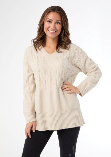 Heavenly Luxe V Neck Cable Sweater with Rib Bottom