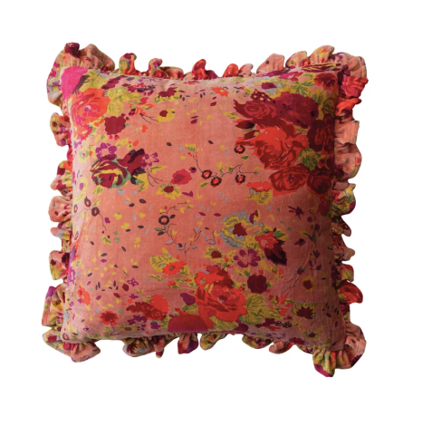 20" Square Cotton Velvet Printed Pillow w/ Floral Pattern