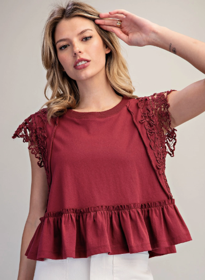 Side Lace Trim Ruffle Hem Top