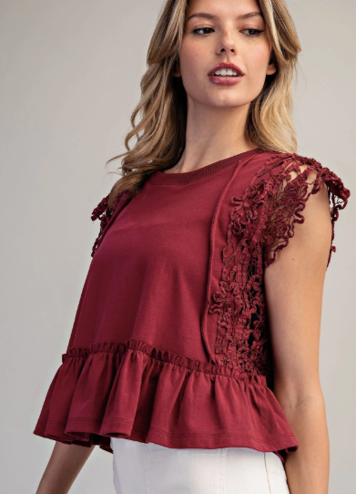 Side Lace Trim Ruffle Hem Top