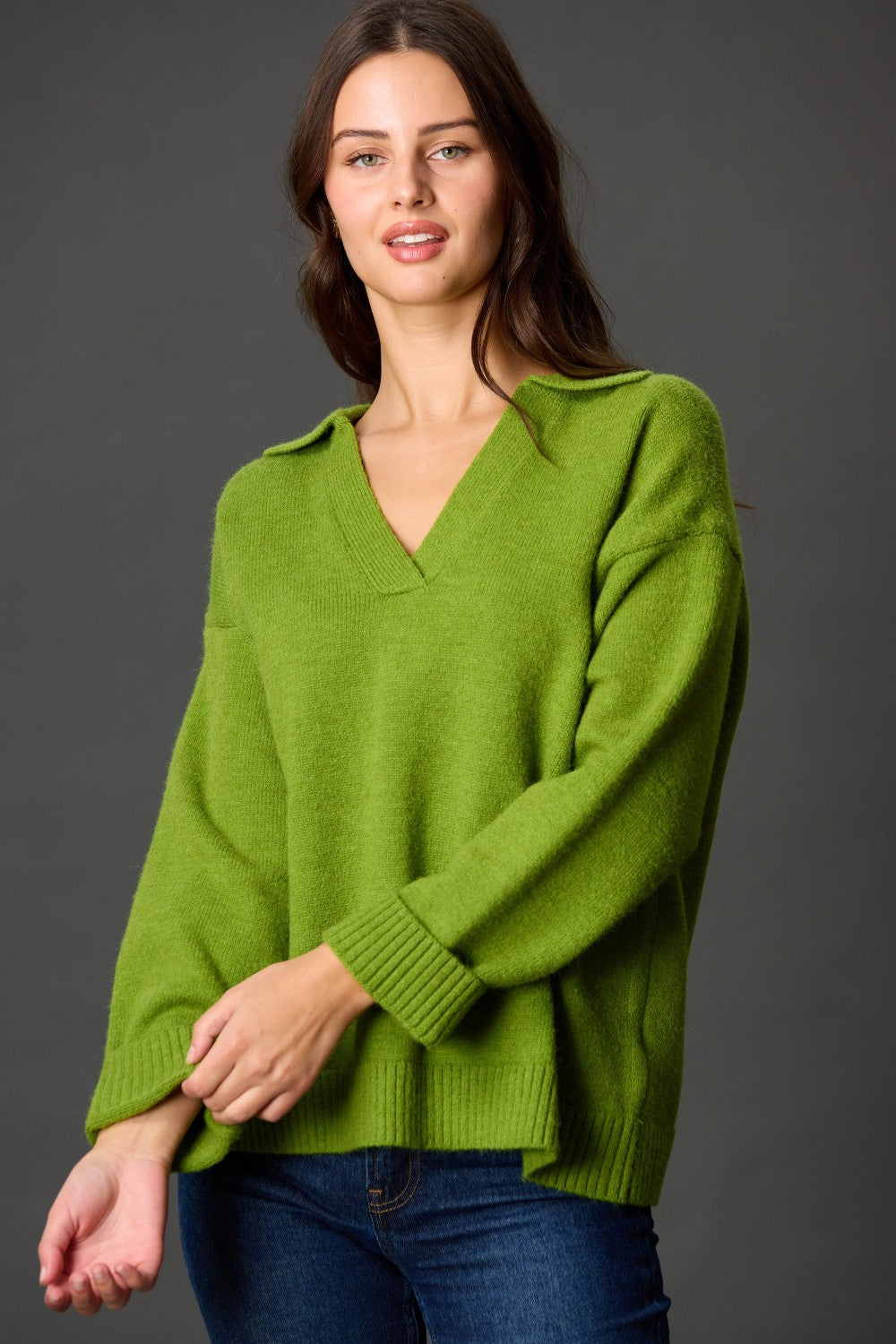 Knit Collared V Neck Ribbed Border Sweater Top