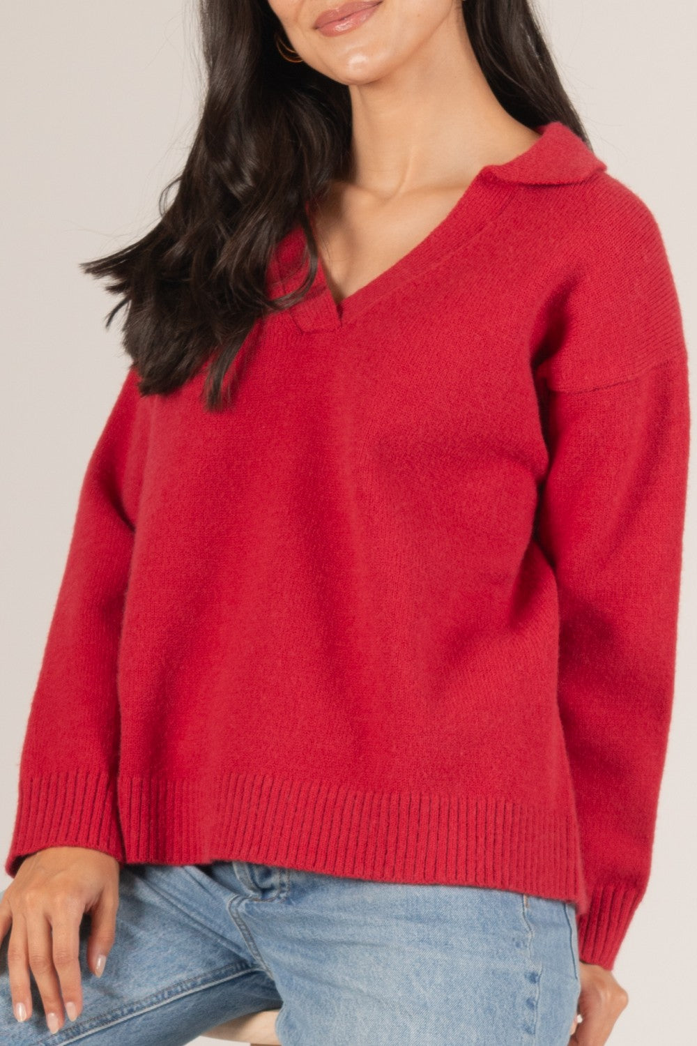 Knit Collared V Neck Ribbed Border Sweater Top