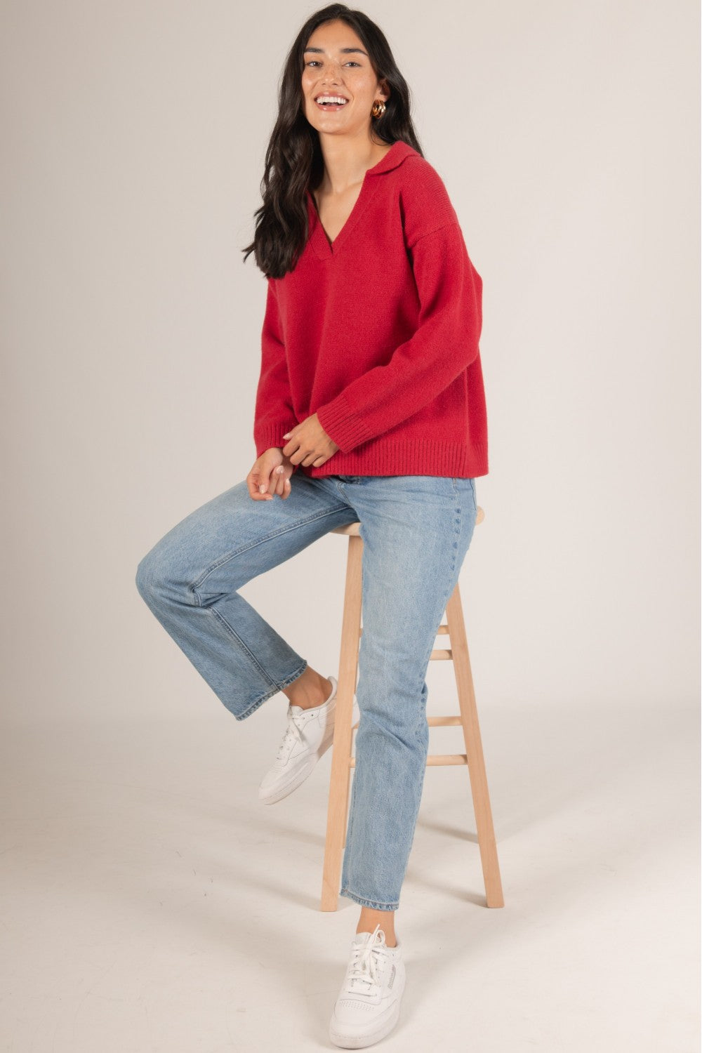 Knit Collared V Neck Ribbed Border Sweater Top