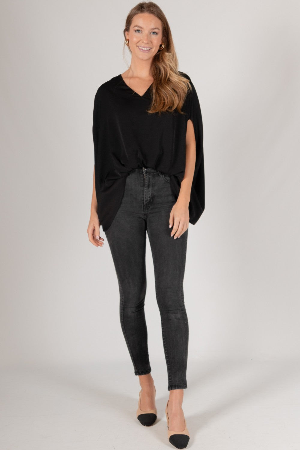 Satin Solid V-Neck Front Waist Electric Flowy Top