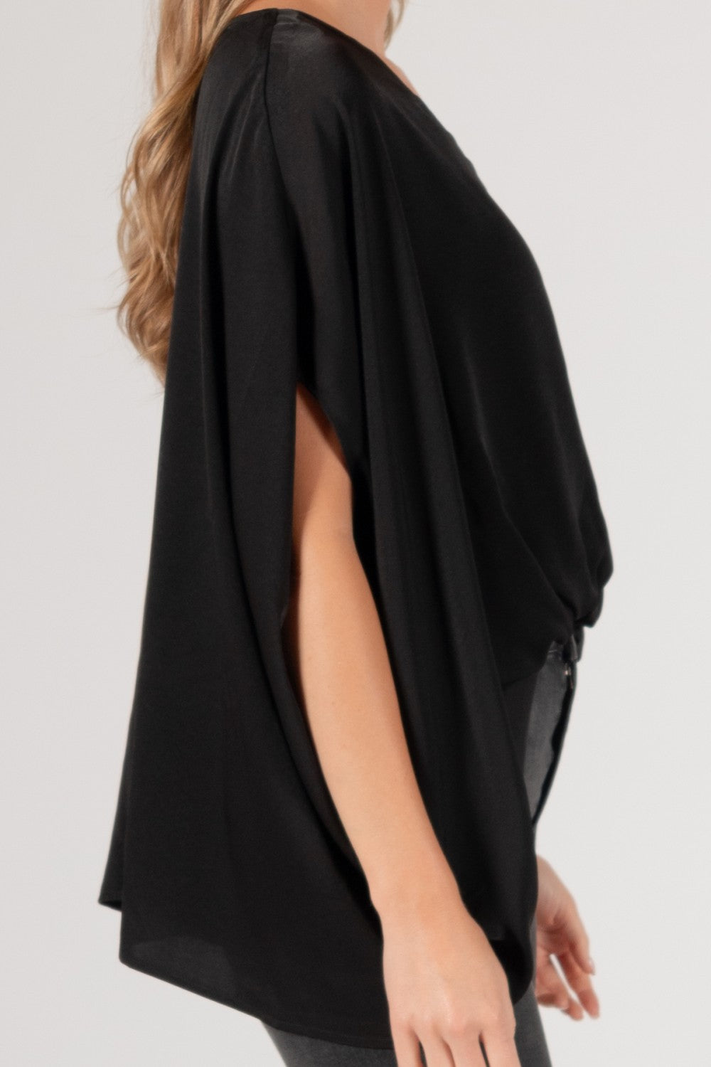 Satin Solid V-Neck Front Waist Electric Flowy Top