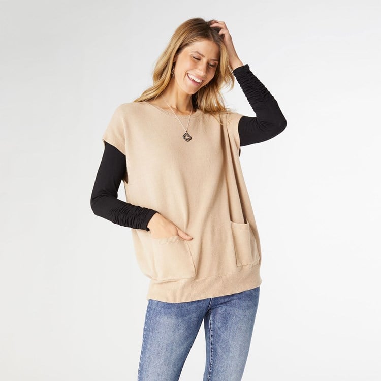 Giovana Sweater Vest with Front Pockets - Khaki XS